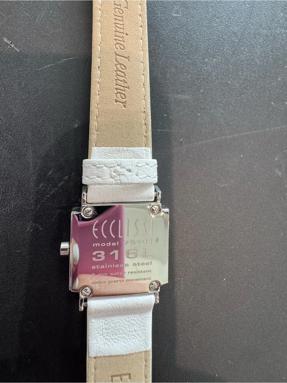 Ecclissi Silver Watch Rectangle Tank Case Salmon Copper Dial White Leather Band
